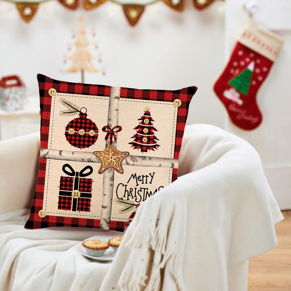 Set 2 Federe Cuscino Quadri Scozzesi Rosso E Nero, 45x45 Cm, In Cotone E Poliestere, Con Cerniera Nascosta, Decorazione Casa