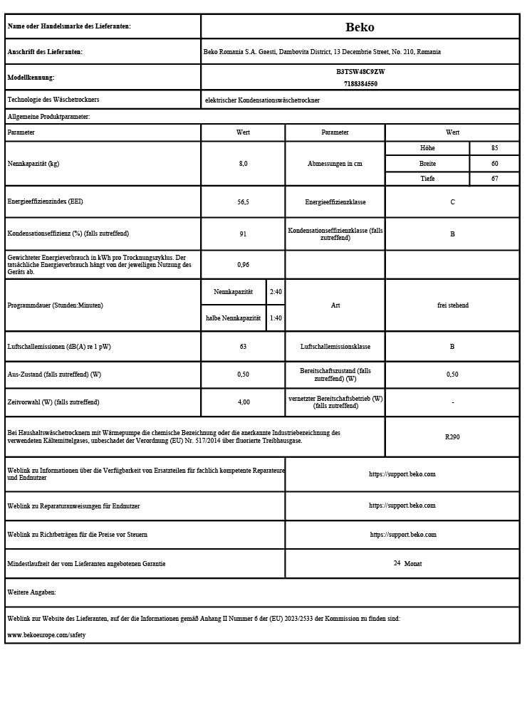 Beko B3TSW48C9ZW Wäschetrockner, 8 kg, Frontlader Kondenstrockner, 15 Programme, Sensortrocknung, Säulenfähig, Aquawave Schontrommel, Weiß