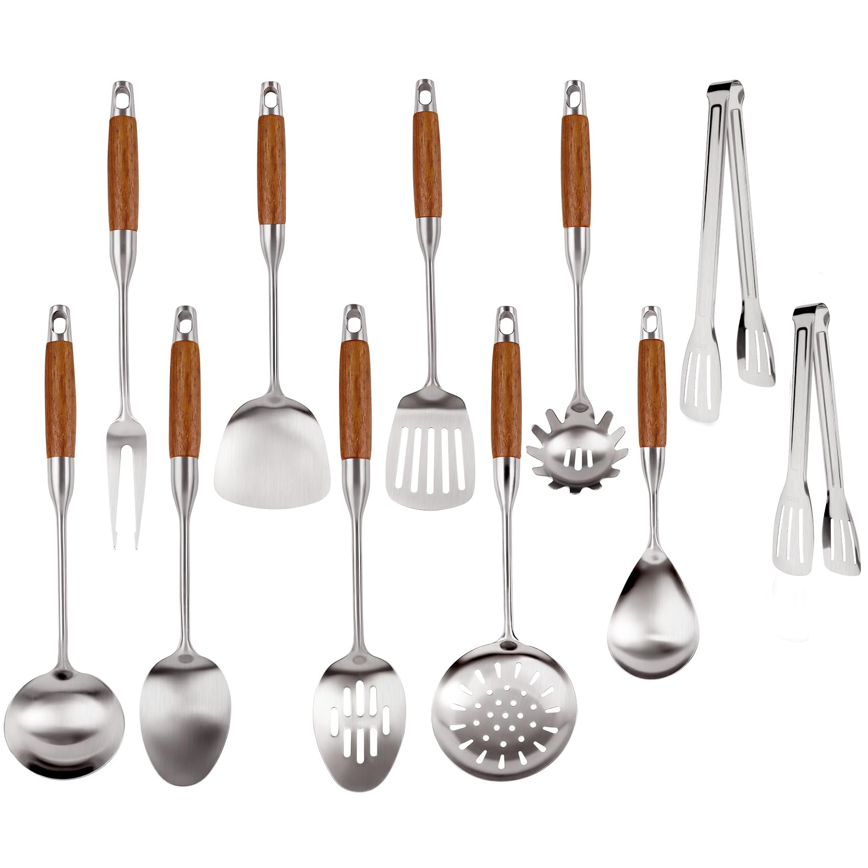 PIQUATOOL 304 Stainless Steel Kitchen Utensils Set with Wooden Handle