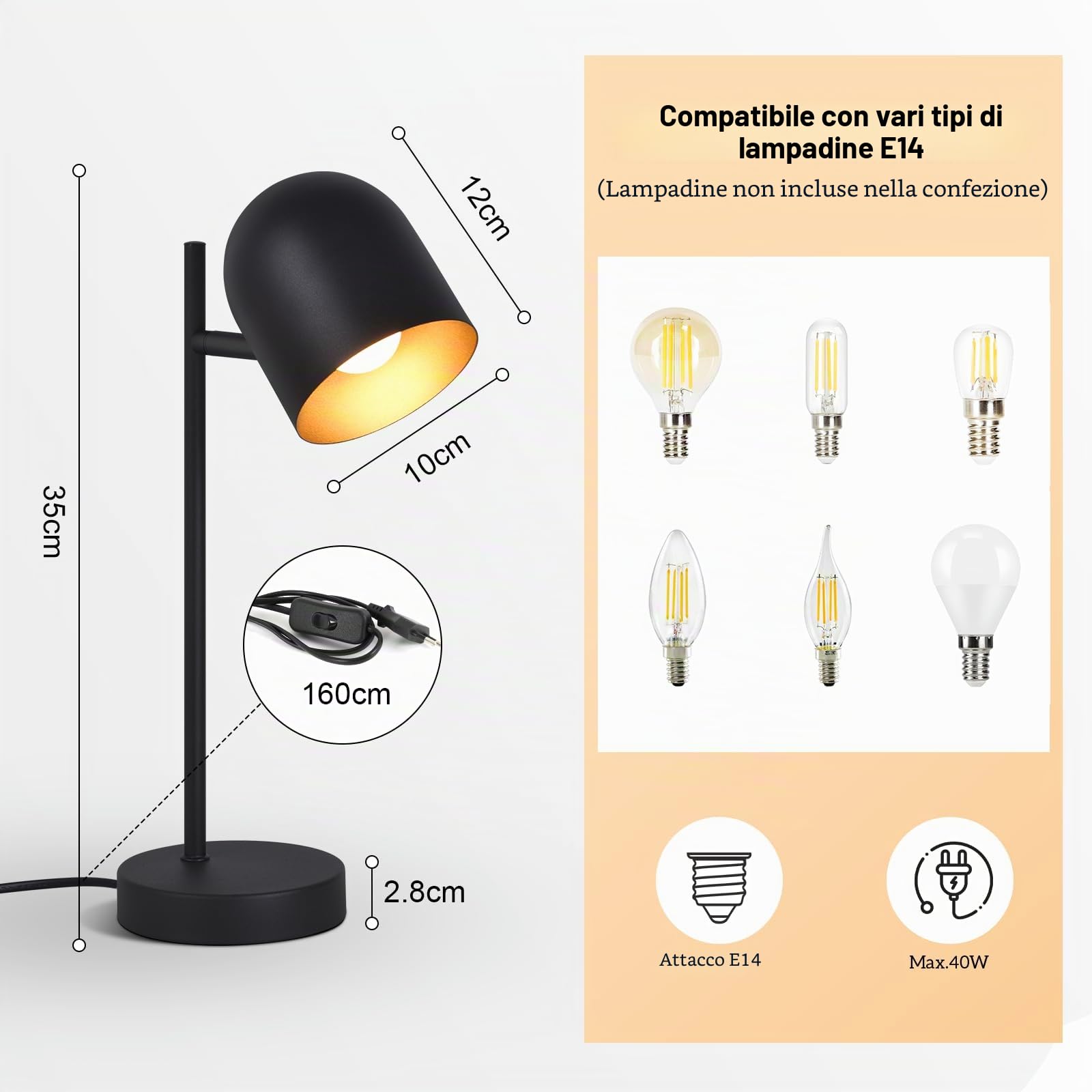 Lampada da tavolo lampada da comodino vintage retrò: lampada da tavolo da soggiorno industriale in metallo nero oro E14 lampada da comodino rustica con cavo lampada da letto - senza lampadina