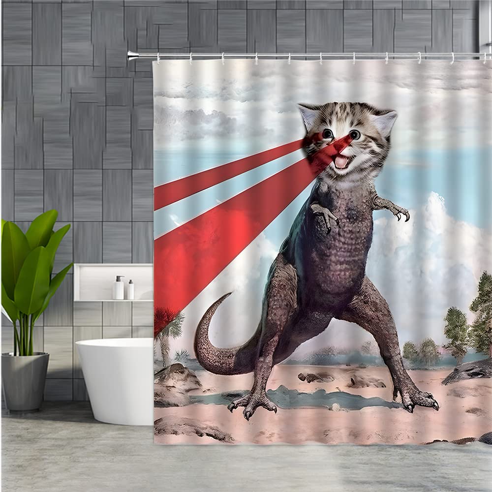 Lustiger Katze & Dinosaurier Duschvorhang – Wasserdicht, 183x213 Cm, Grau, Mit Haken