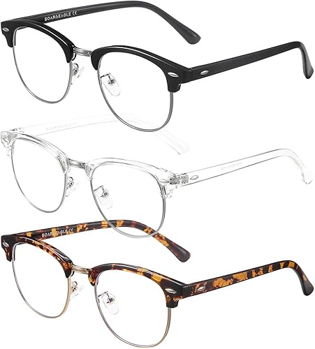 Miniatura 8 de SOAR&EAGLE Paquete de 3 lentes de bloqueo de luz azul, lentes para juegos de computadora, lentes retro semi sin montura UV400, lentes transparentes