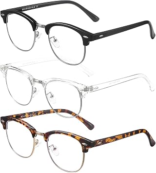 SOAR&EAGLE 3 Pack Blue Light Blocking Glasses,Computer Gaming Glasses,Retro Semi Rimless UV400 Clear Lens Computer Eyewear