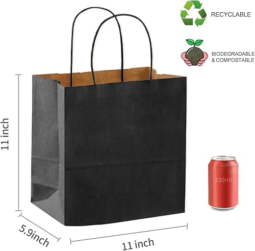 Miniatura 2 de COGLARING 100 bolsas de regalo negras con asas, bolsas de papel kraft de 11 x 5.9 x 11 pulgadas para fiestas, compras, comestibles y comida para