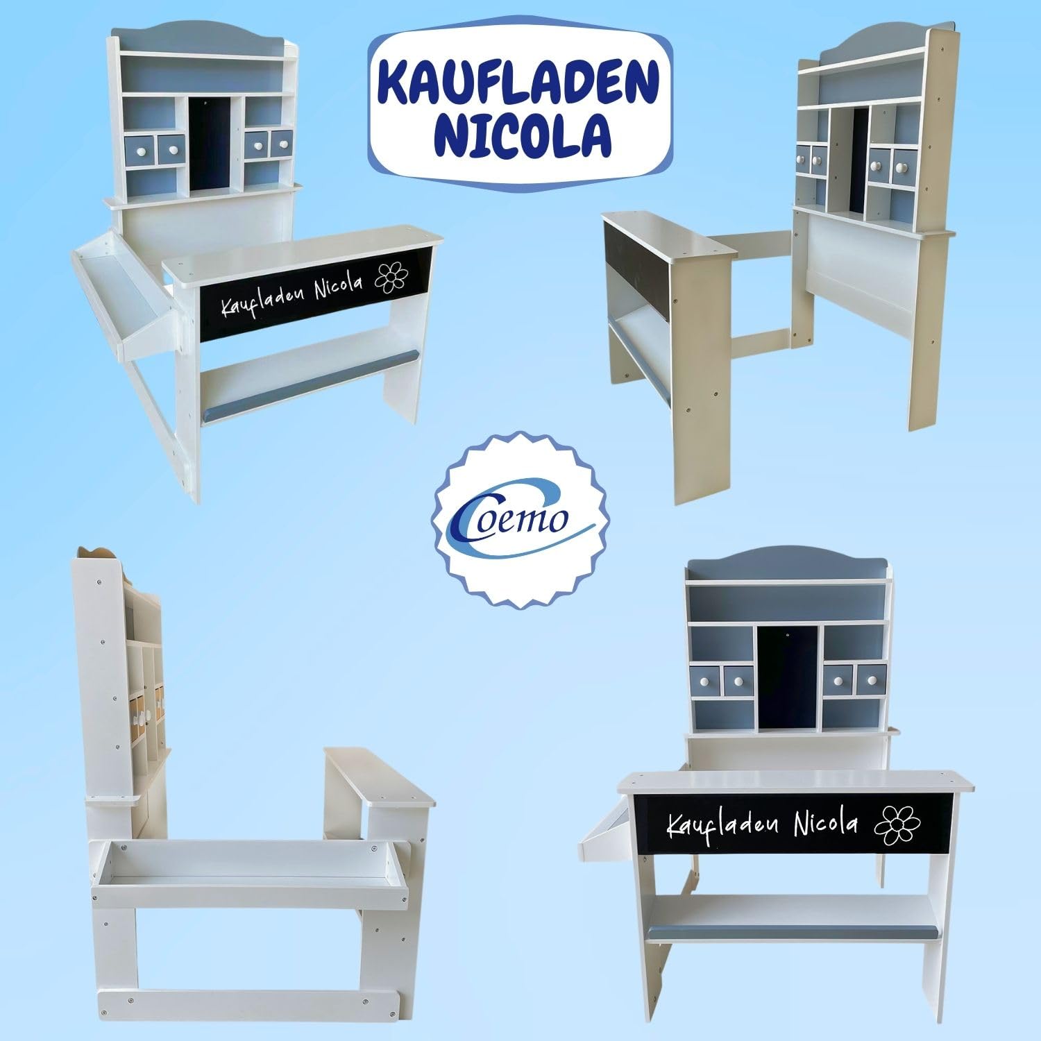 Coemo Kaufladen Nicola Kinder Kaufmannsladen aus Holz, Verkaufsstand Theke, Tafel, Seitentheke & Schublade Marktstand als tolles Geschenk, Grau