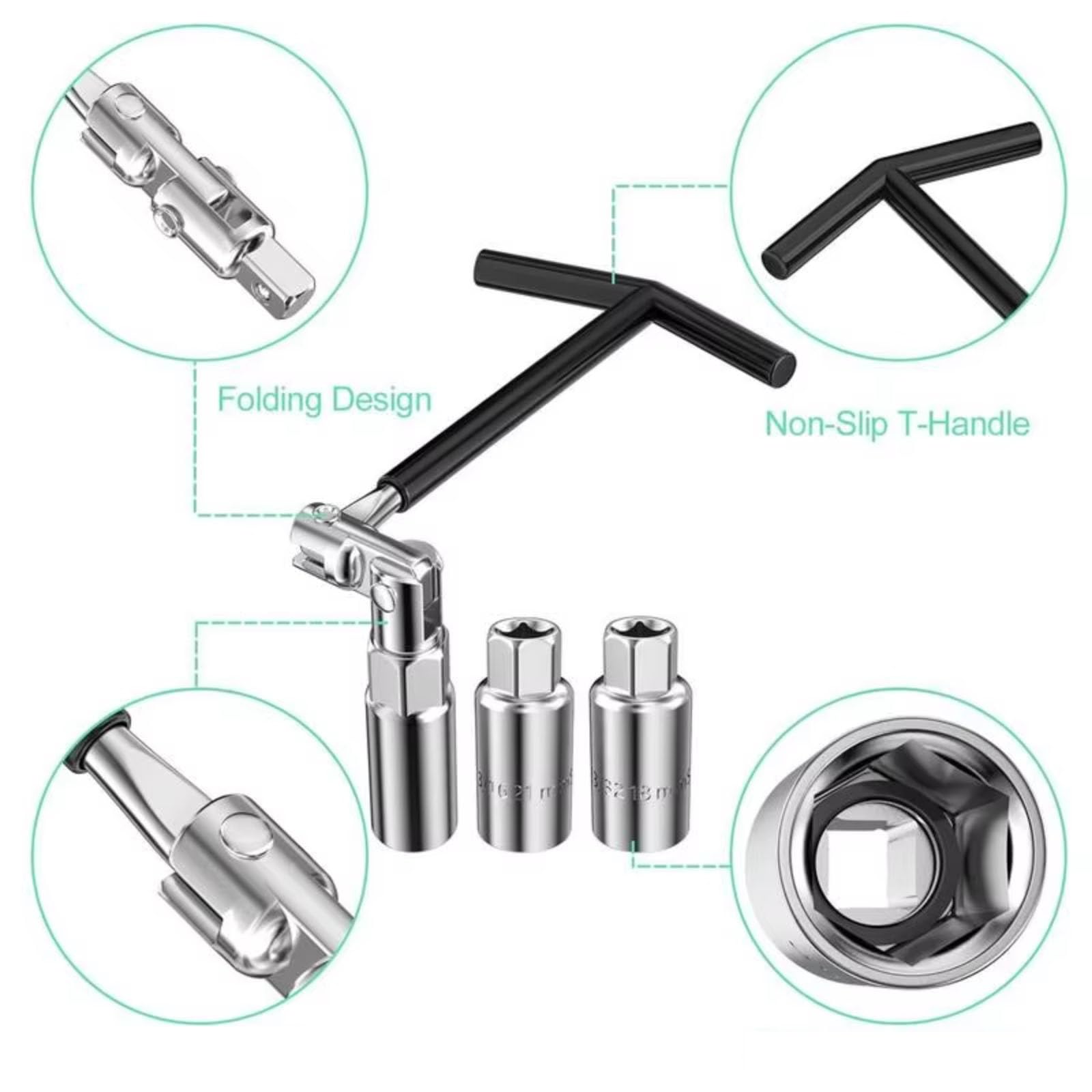 4-częściowy klucz do świec zapłonowych Heavy Duty do świec zapłonowych 16 mm, 18 mm i 21 mm, zestaw nasadek z uchwytem T
