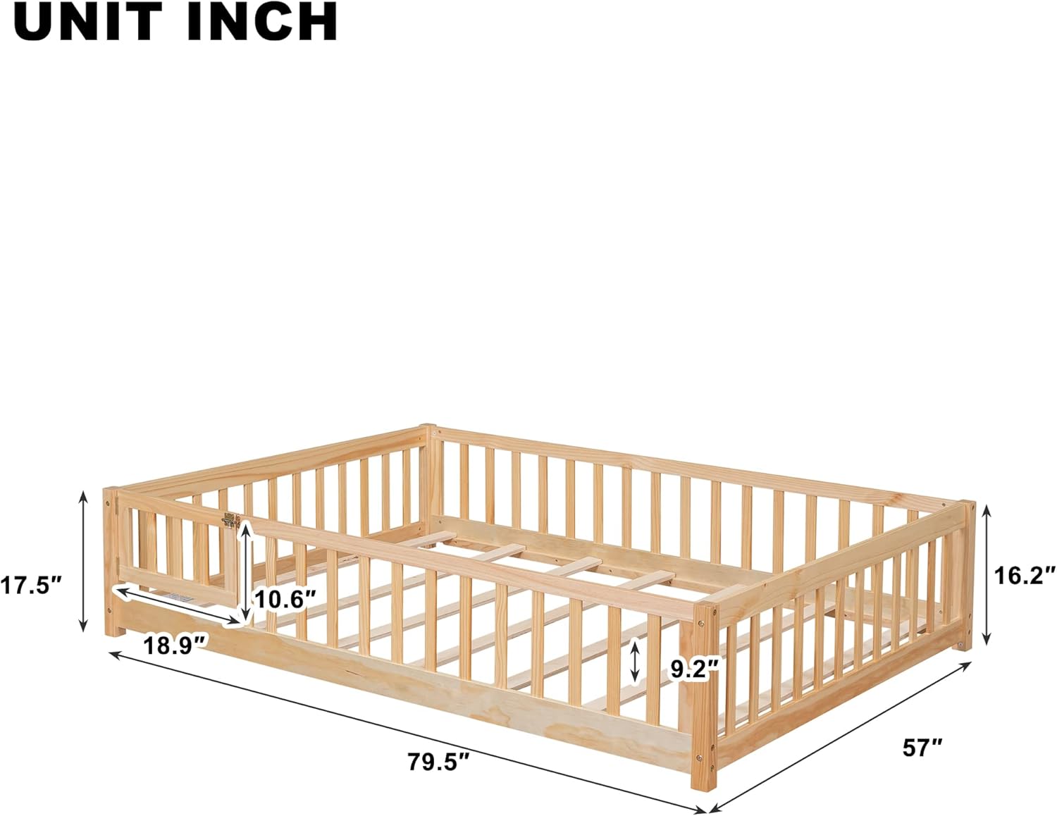 Full Size Toddlers Montessori Bed with Fence, Wooden Floor Bed Playpen with Doors, Kids Play Bed with Guardrails for Boys Girls (Natural)