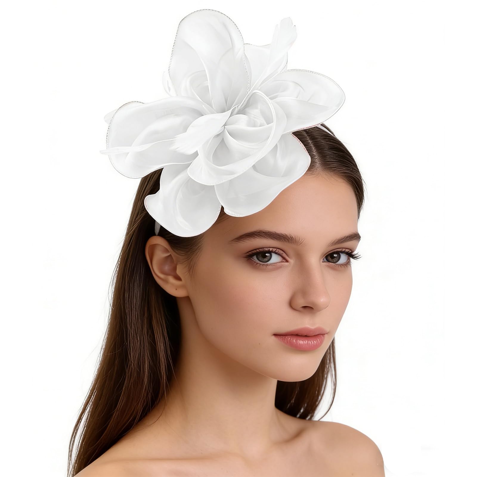 Xinchia Women's White Fascinators Hat Mesh Net Veil Headband Flower Ribbons Veil Party Hat Ascot Hats Feather Headband Headpiece Hat Hairband Feather Hair Band Pillbox Hats Fascinator Party Headwear For