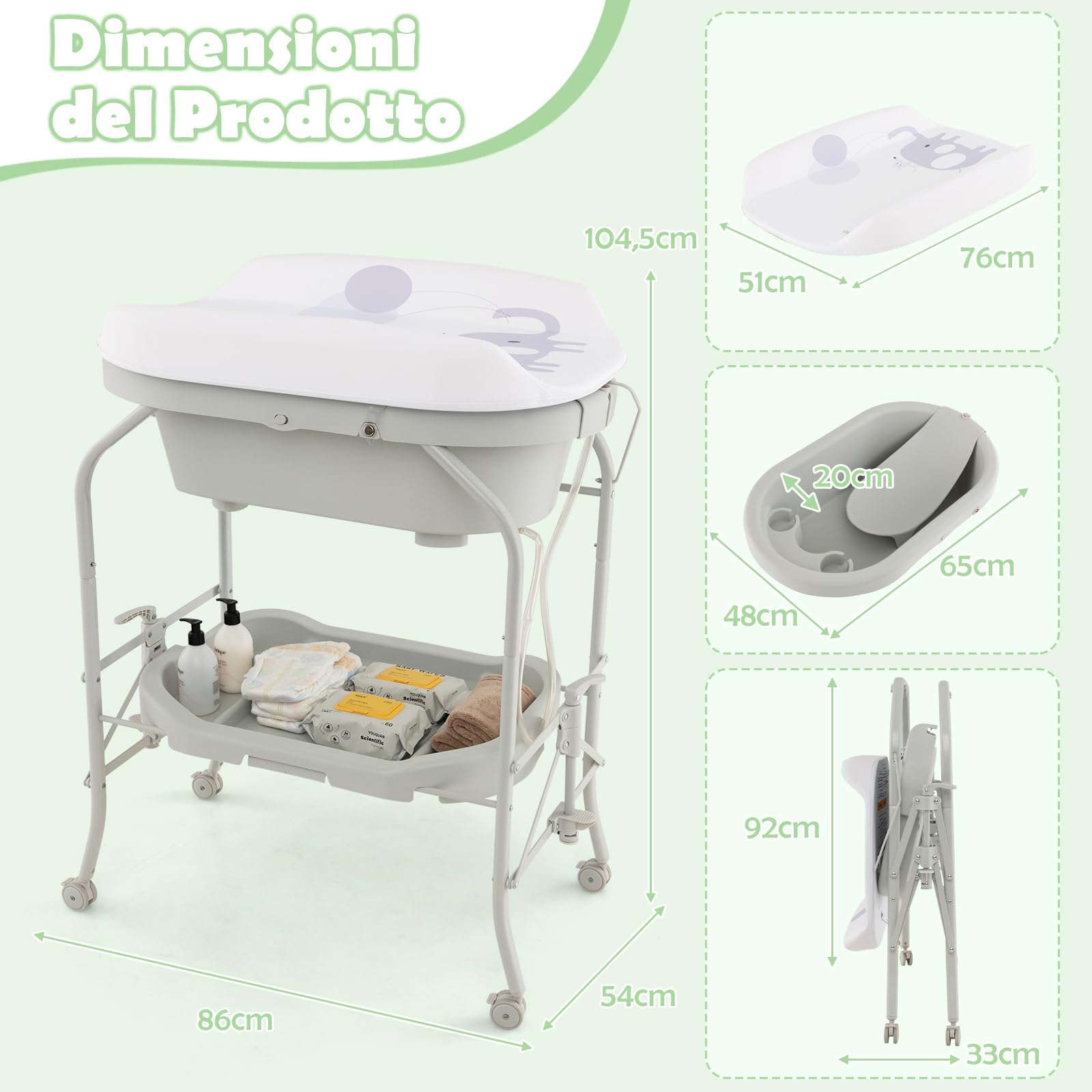 COSTWAY Fasciatoio con Vaschetta Bagnetto 2 in 1, Vasca da Bagno Pieghevole per Bambini, Grigio Chiaro