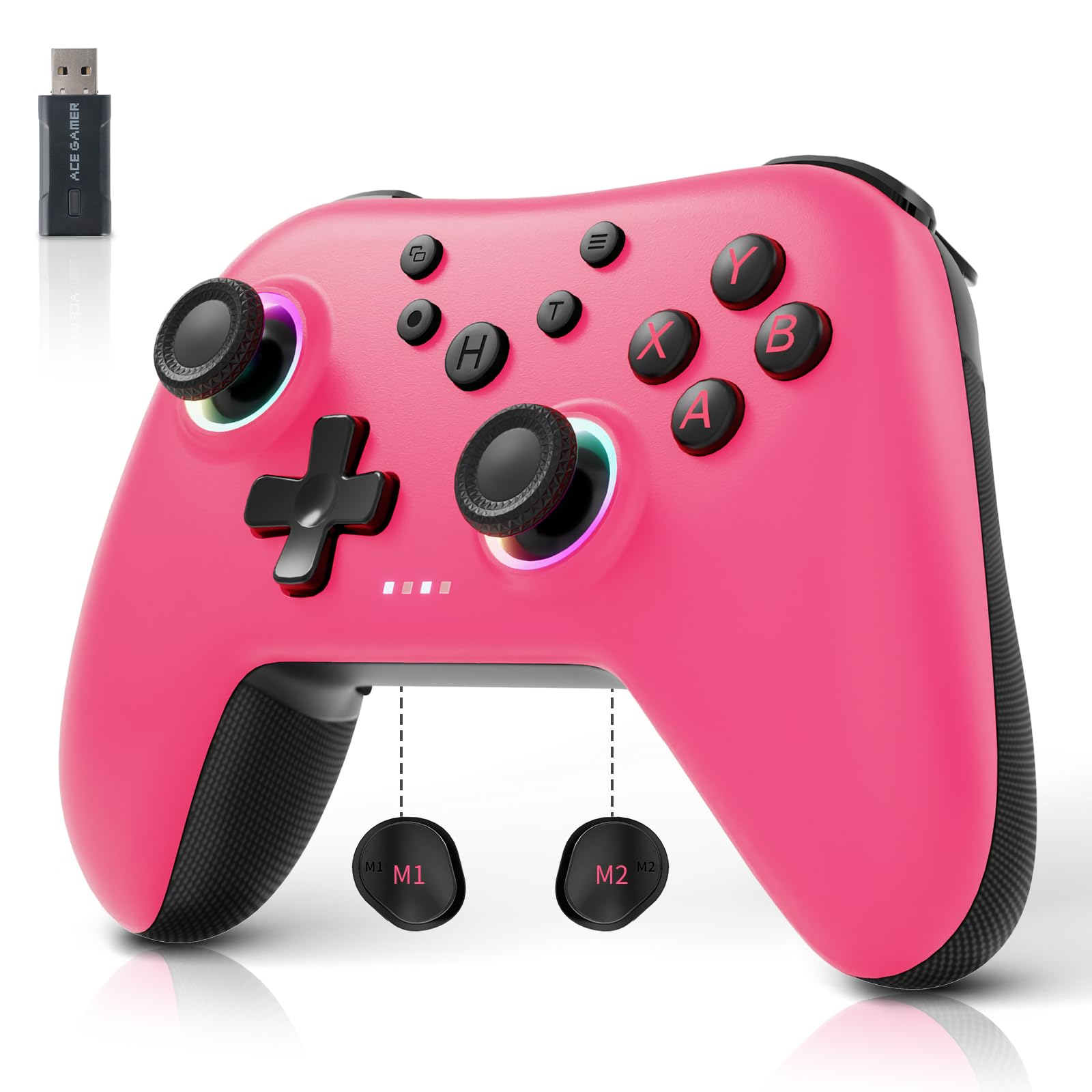 AceGamer Aurora 2.4G Wireless Bluetooth Controller for Windows PC/Switch/Stem/iOS/Android，Gamepad PC Joystick with Hall Effect Joystick, Programmable Back Button, Linear Resonant Actuator (Pink)