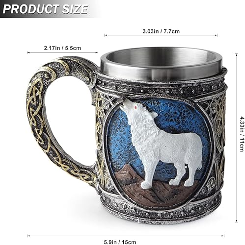 Miniatura 3 de EZESO ESSENTIAL SKINCARE Taza de lobo de acero inoxidable, taza de café de lobo 3D de resina, taza de café de acero inoxidable para viajes, té,