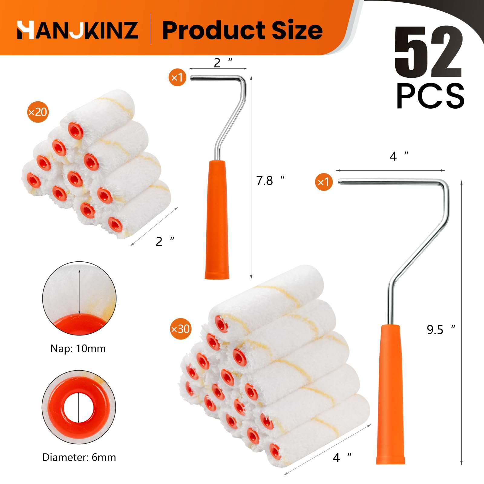 HANJKINZ Lot De 50 Rouleaux De Peinture En Microfibre, 5,1 Cm Et