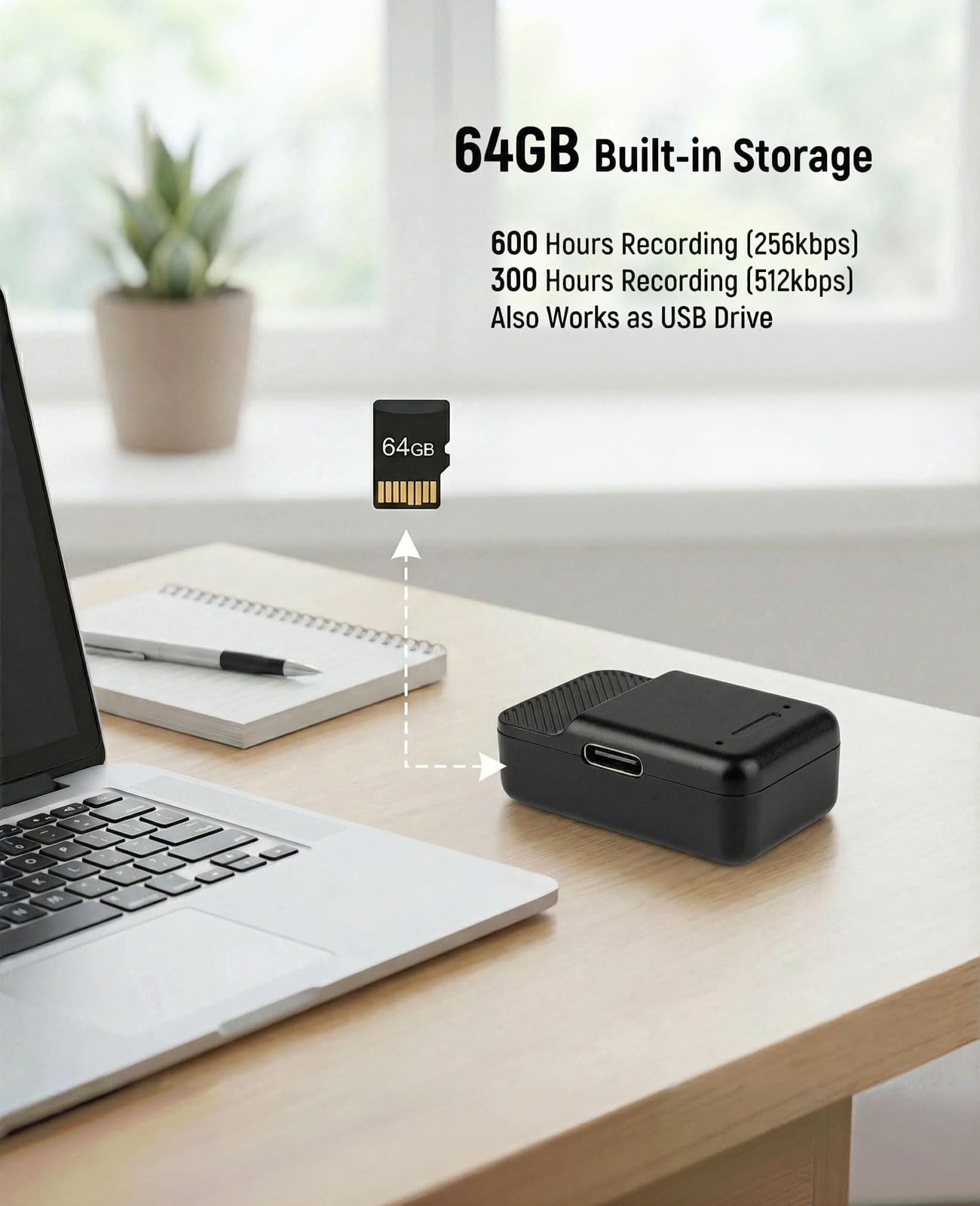 Grabadora de voz de tamaño pulgar de 64 GB, dispositivo de grabación mini y oculto, batería de 600 mAh (20 días en espera), grabadora activada por voz con reducción de ruido para reuniones