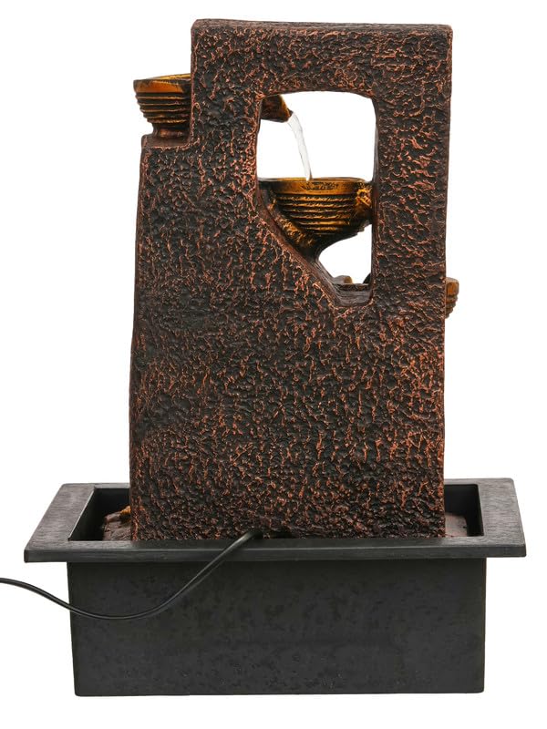 Image of Polyresin Table Top Brown 4 Diya Steps & Golden Leaf Design Indoor Waterfall Fountain for Home Decor with LED Lights & Speed Controller Pump (Size: 40 x 29.5 x 22CM | Weight: 2250grm)