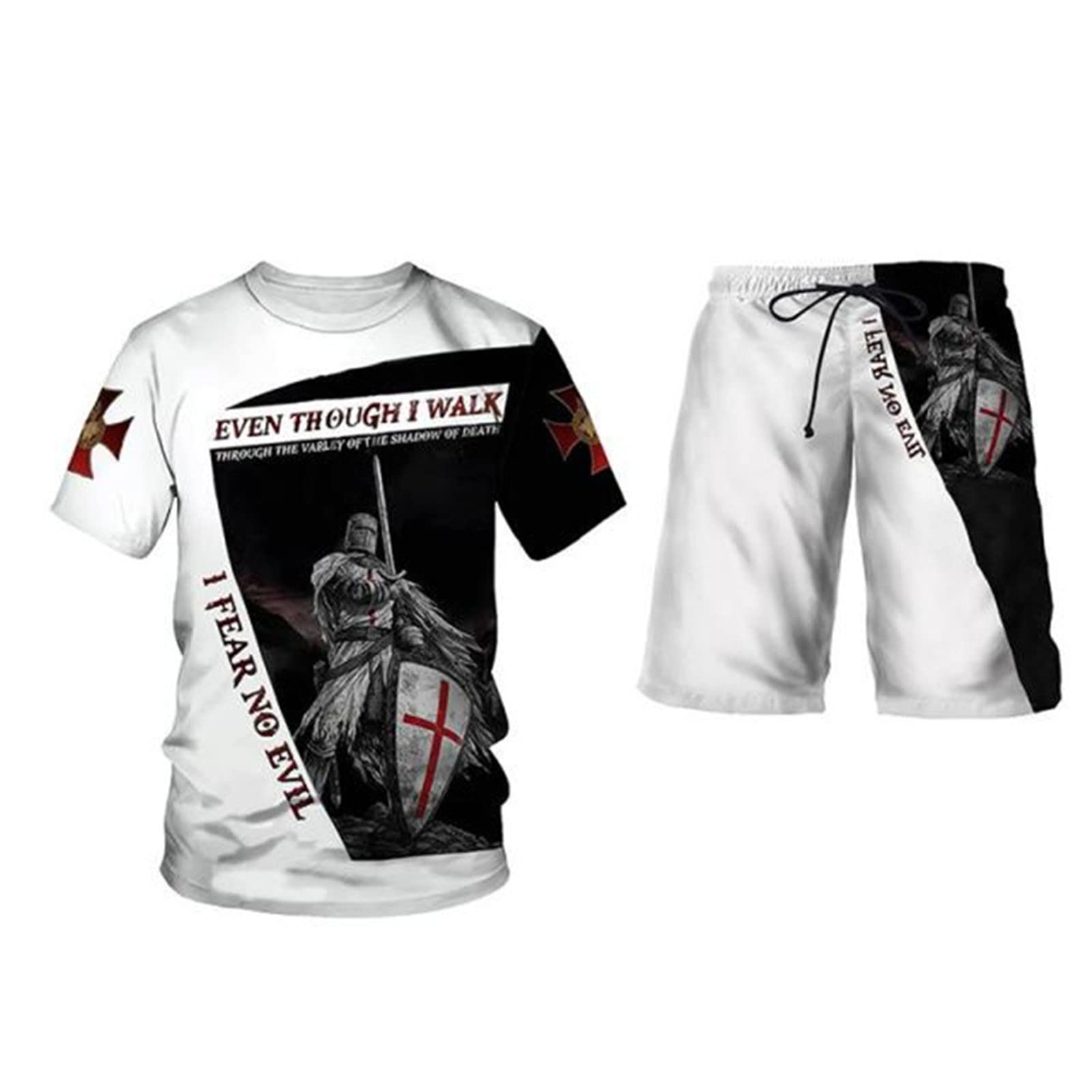 Keepmore Men's # 1 T-Shirt And Shorts Set 3D Knights Templar Printed Short Sleeve Summer Tops And Pants Set Sport Suit Casual Punk Rock Tracksuit