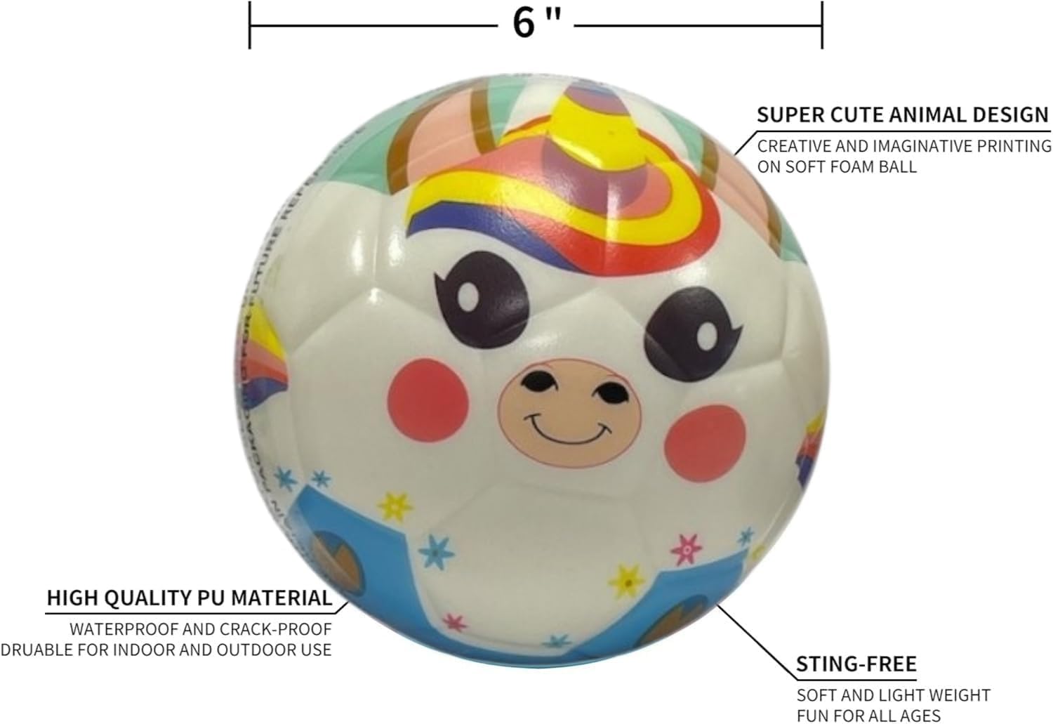 15 cm Animal Face Football - Soft Mini Sports Ball for Kids Cute Cartoon Animal Design, Indoor/Outdoor Play (Unicorn) - Image 2
