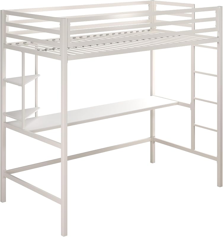 Novogratz Maxwell Metal Twin Loft Bed with Desk & Shelves, Off White/Off White