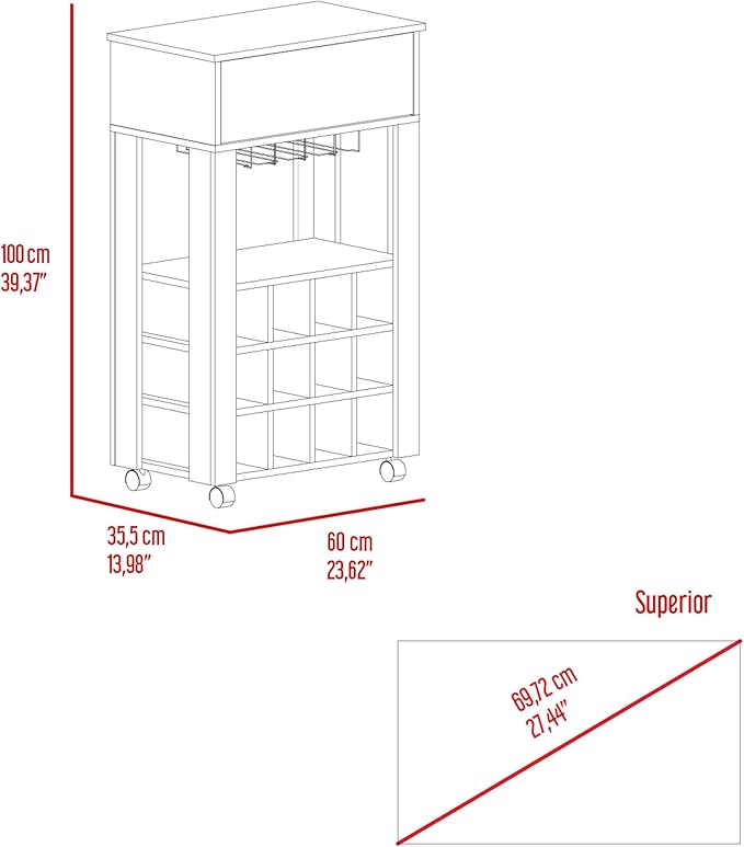 Carrito Bar Ace con Rack para 12 Botellas, Cajón y Ruedas, Gris Claro miniatura 9