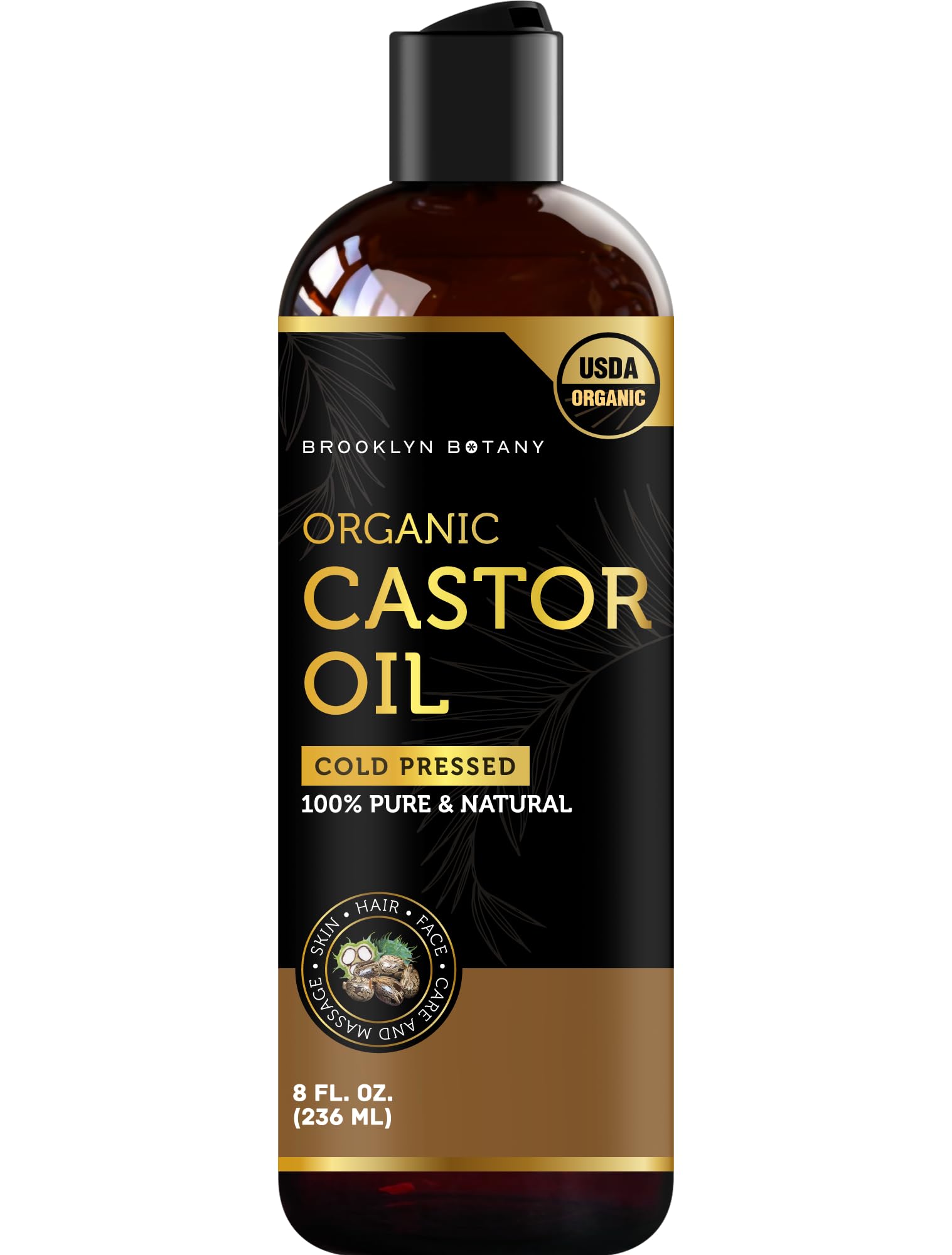 Brooklyn Botany Organic Castor Oil for Hair Growth, Eyelashes & Eyebrows - 100% Pure and Natural Carrier Oil, Hair & Body Oil - Moisturizing Massage Oil for Aromatherapy - 8 Fl Oz
