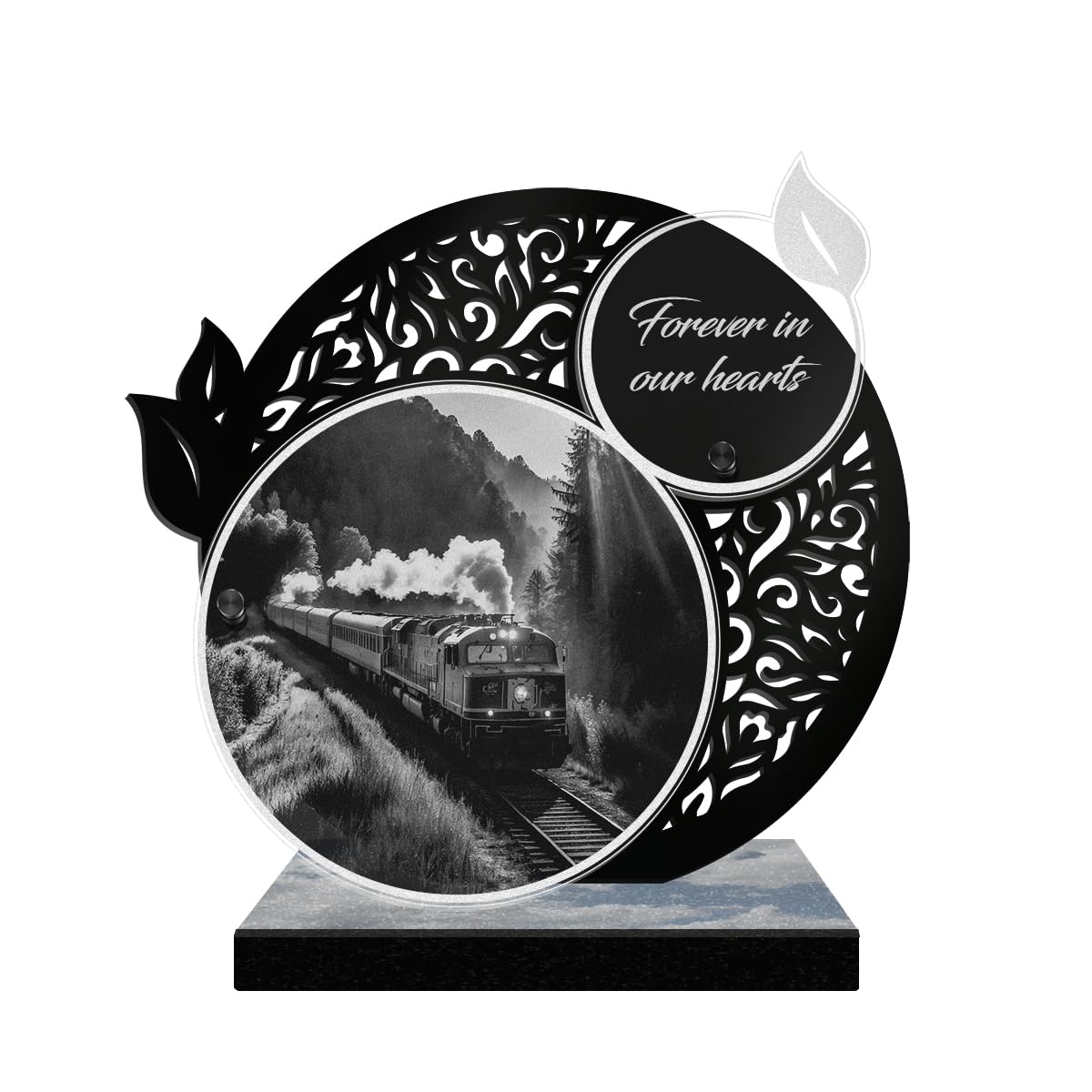 ETERNEL - Personalized Lace Memorial Plaque - Train, Locomotive - Customizable text, laser-engraved memorial plaque for tribute, tombstone, mortuary, funeral, commemoration