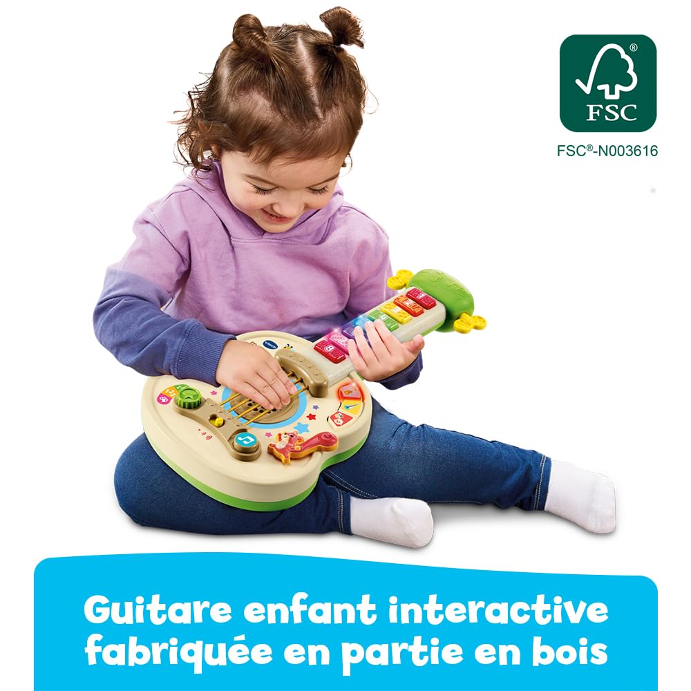 VTech - Ma Guitare Lumi Magique, Instrument de Musique Partiellement en Bois, Guitare Acoustique et Électrique, Jeu d'Éveil Musical et de Motricité Fine, Cadeau Bébé Dès 18 Mois - Contenu en Français