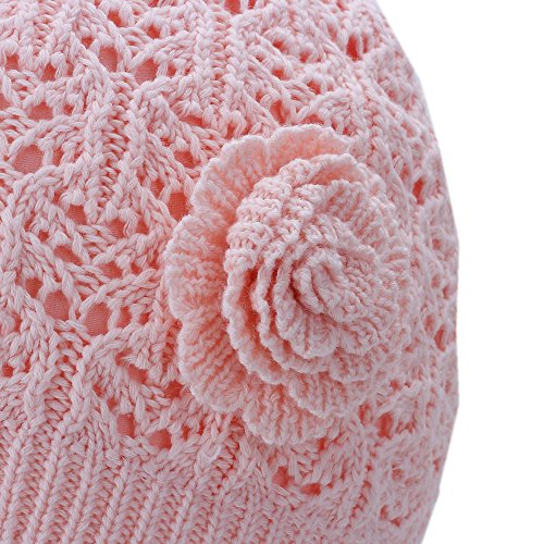 Vivobiniya Baby Girl Winter Knit Hat Toddler Beanie Double Hollow Flower Hat 6M-6Ypink and White3