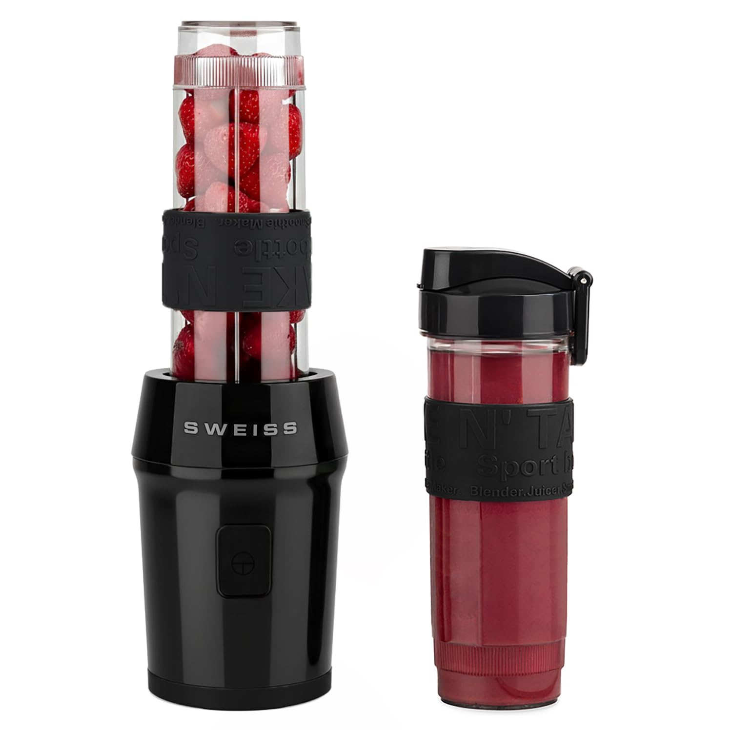 SWEISS Mini Blender, Mixeur Portable, Smoothie MOOV9, 2 Gourdes de 570 ml avec Couvercles de Voyage, 4 Lames Inox, 300W, Compatible Lave-Vaisselle, Noir