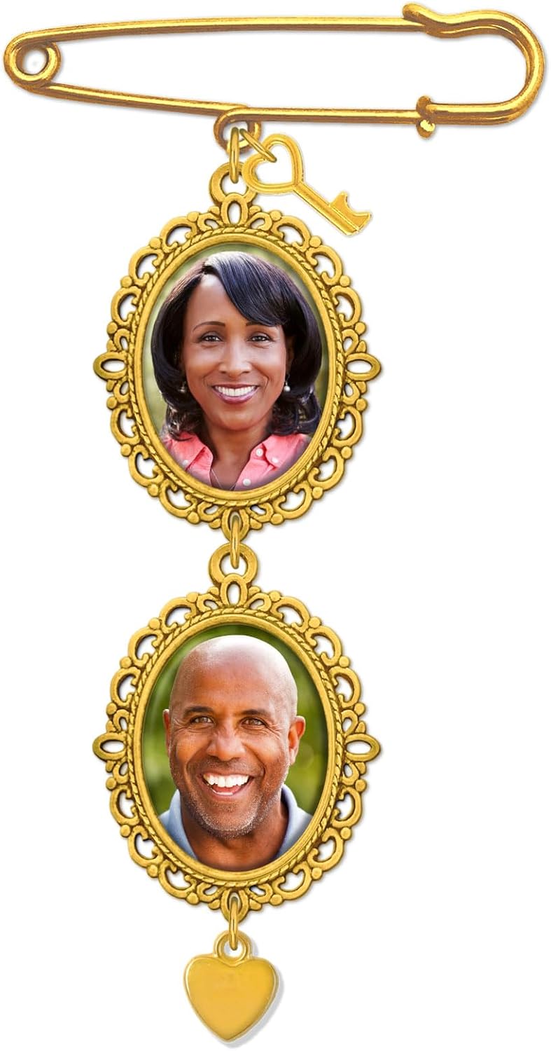 Gold 2 Photo Charms Pin for Bridal Bouquet in Memory of a Loved One for Wedding Key to my Heart