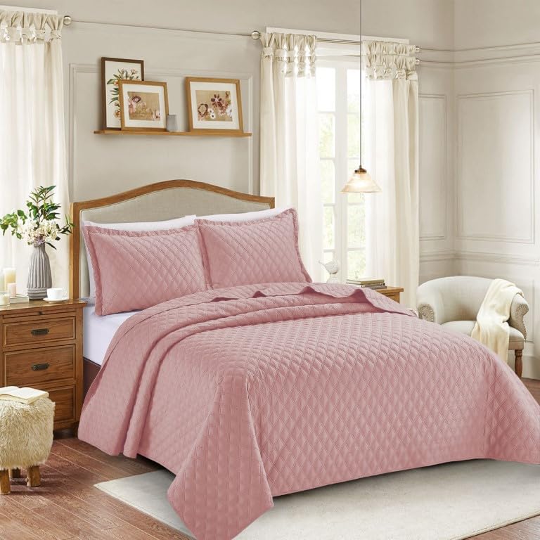 2-Piece Pink Quilted Bedspread Single 185 x 240 cm - Hotel Quality Soft Hypoallergenic Bed Throw for Bedroom - Luxury Inspiration Embossed Pattern Bedding with 1 Pillow Sham