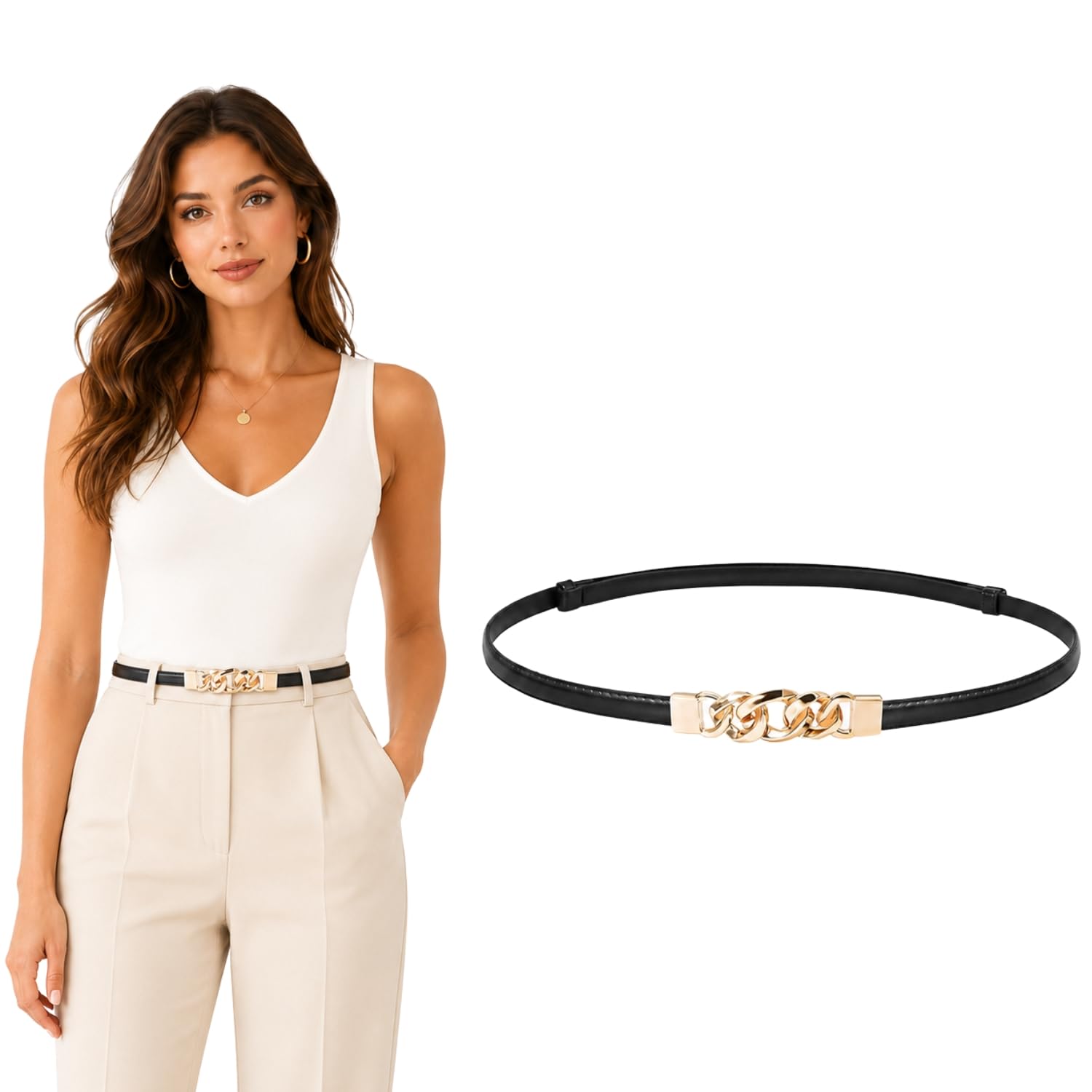 Black Belt for Women Jeans Dresses, Adjustable Fit Waist Belt with Premium Gold-Tone Buckles | Leather Finish | Multi-Occasion Dress Belt | Versatile Black-image-48
