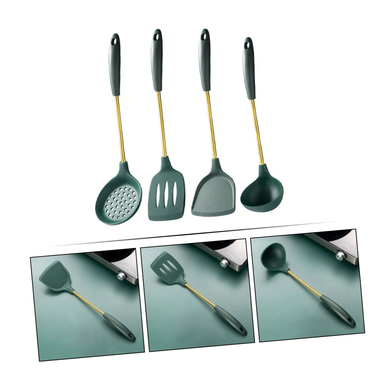 Set di Utensili da Cucina in Acciaio Inox e Silicone 4 Pezzi