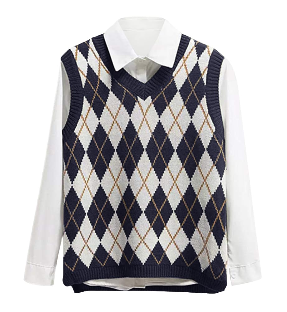 Lailezou Women's V Neck Knit Sweater Vest Argyle Plaid Preppy Style Sleeveless Crop Knitwear Tank, Blue, XL