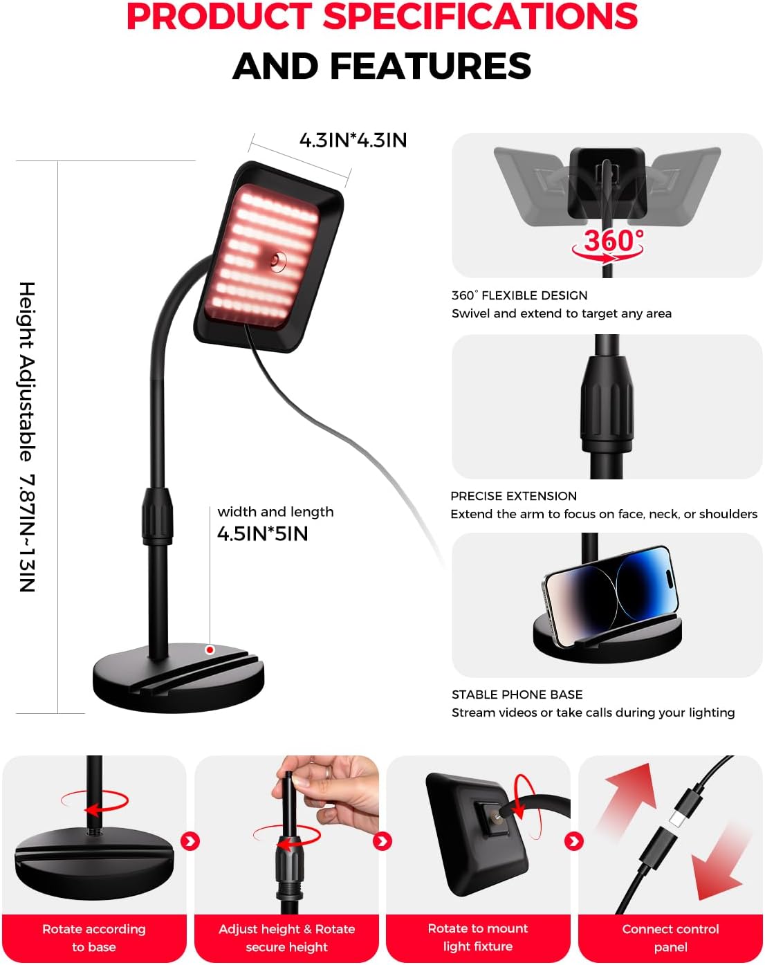 Red Light Therapy for Face and Body, 3 LED Wavelength 660nm 730nm 850nm Infrared Light Therapy Desk Lamp with 360°Adjustable Head & Phone Stand, Home Office Travel Portable Use w/Glasses, Ideal Gift - Image 7