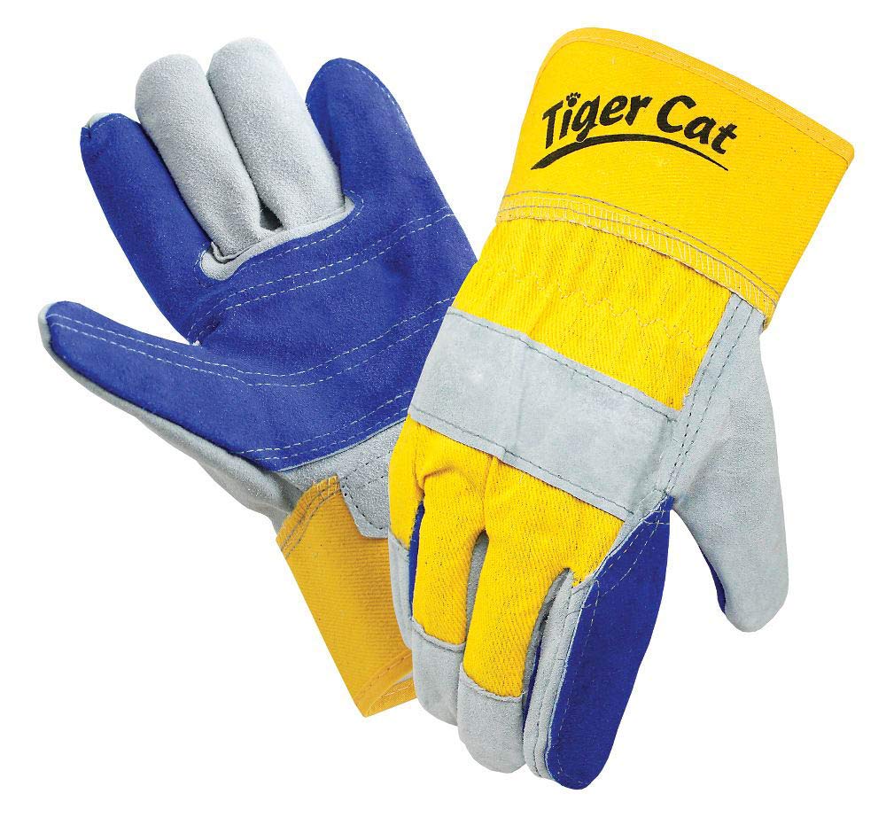 Galeton Tiger Cat Premium Leather Double Palm Gloves Safety Cuff Yellow and Blue 12 Pack, large, 2412-L