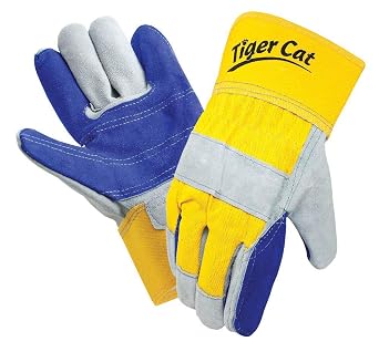 Galeton Tiger Cat Premium Leather Double Palm Gloves Safety Cuff Yellow and Blue 12 Pack, large, 2412-L