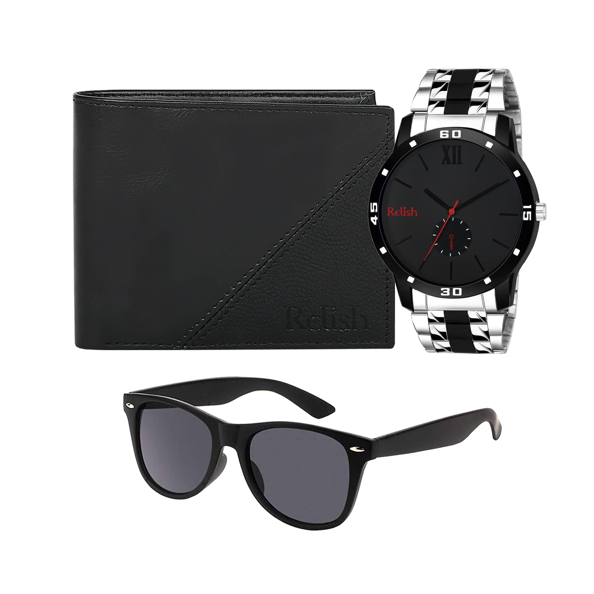 Relish Mens Stainless Steel Chain Analogue Watch, PU Leather Wallet and Wayfarer Sunglasses Combo Box (B0B1PYDBBM) Amazon Price History, Amazon Price Tracker