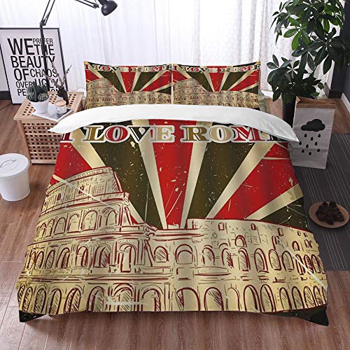 Bedding Juego de Funda de Edredón -Amo las letras de la cita de Roma con carpa de circo y rayas audaces fondo decorativo antigu/Microfibra Funda de Nórdico (Cama 220 x 240 cm + Almohada 50X80 cm)