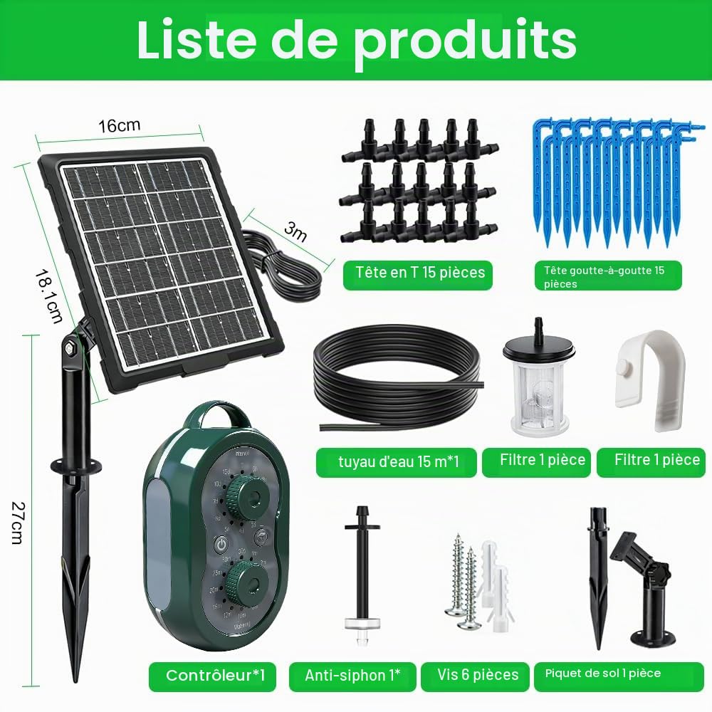 Arrosage Automatique Solaire pour Jardin Kit, Goutte a Goutte Solaire, 132 Modes Arrosage Automatique Interieur, avec 15M Tuyau Arrosage, Arrosage Plante Vacances Balcon Pot de Fleur Plantes
