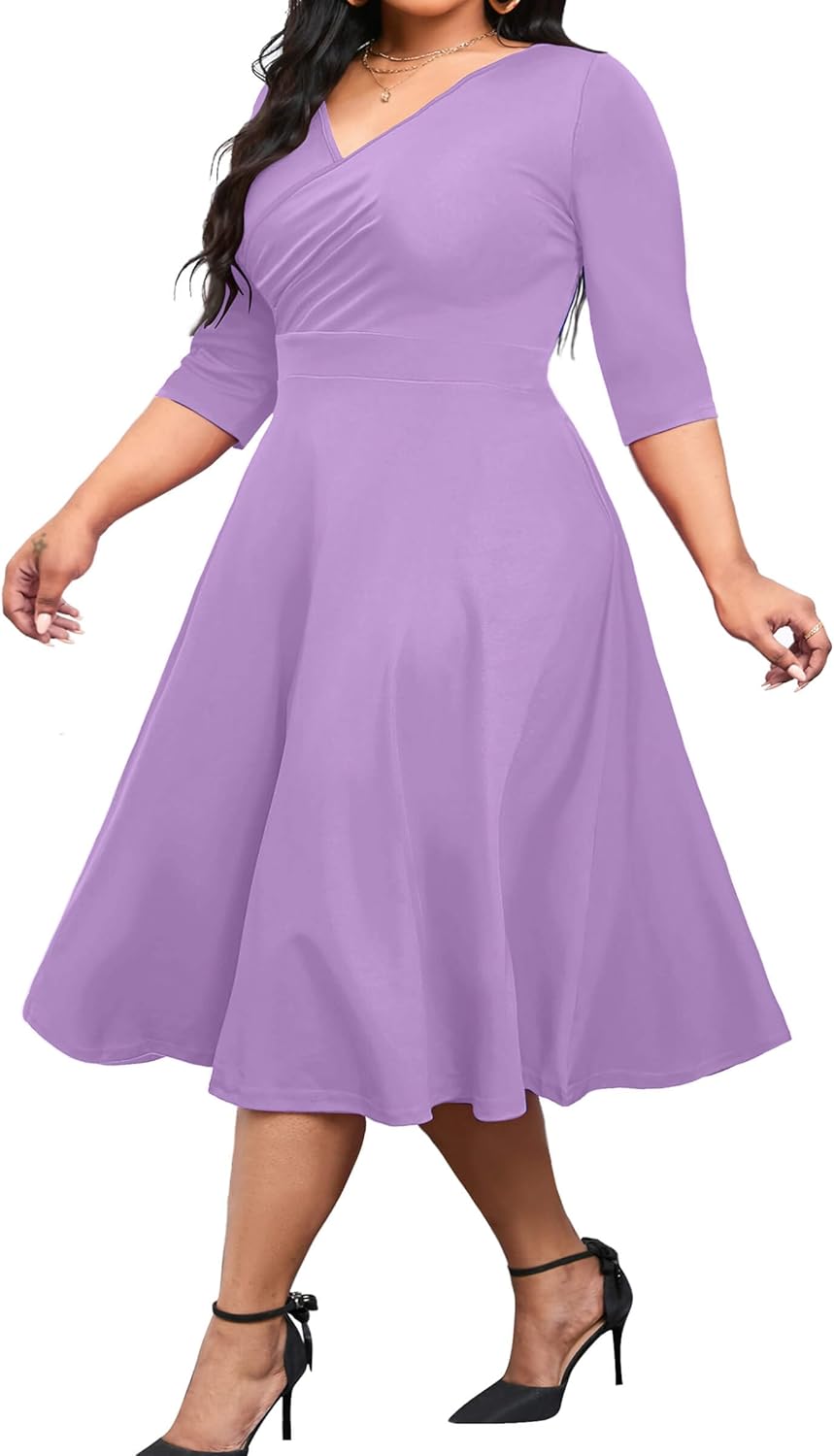 CLOCOR Women's Plus Size Midi Dress 3/4 Sleeve A-Line Swing Dress V Neck Flowy Casual Dresses
