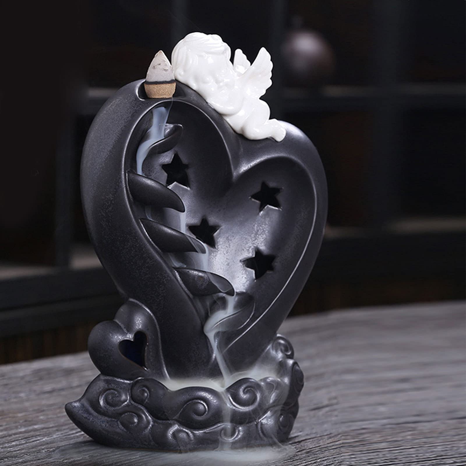 Quemador de incienso de reflujo, incienso de cerámica de ángel con LED, fuente de cascada para conos y palos, aromaterapia, decoración del hogar, regalo de meditación, incienso no incluido