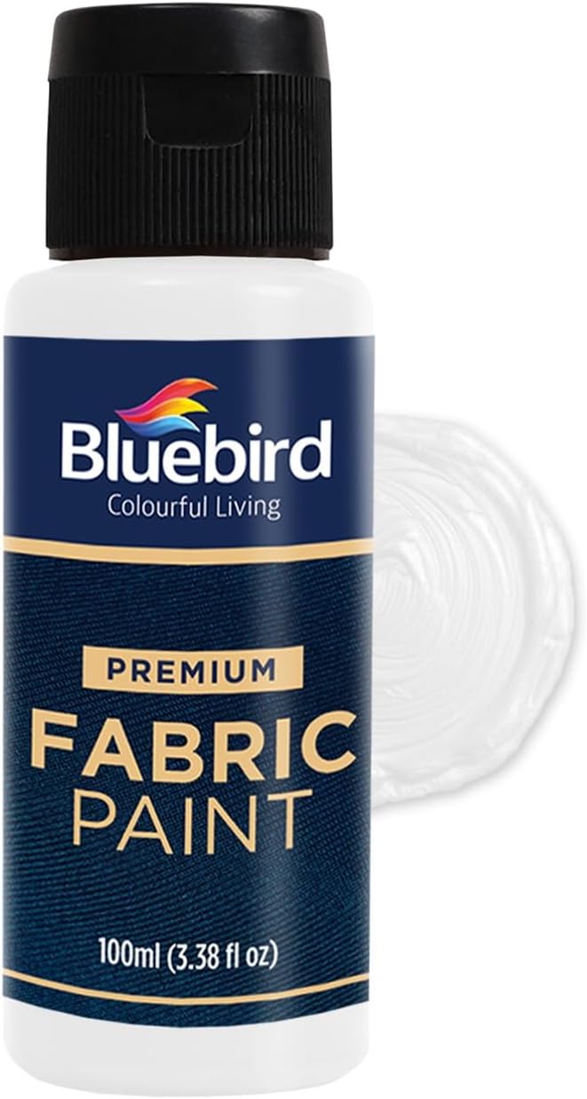 BLUEBIRD Fabric Paint, White, 3.4 Fl Oz, Permanent Fabric Paints for Clothes, Furniture Upholstery