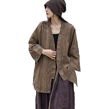 LUZU JUNU Women Open Front Kimono Jacket Cotton Linen Vintage Tie Dye Hanfu Lace-Up Cardigan