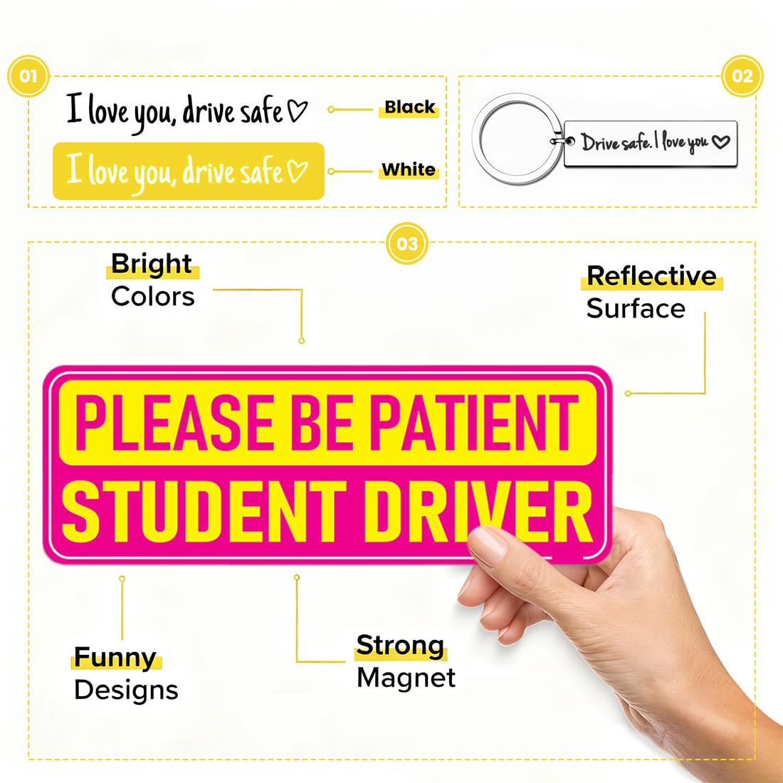 Regalo per Principianti alla Guida – Adesivi Magnetici Avviso Conducente, Portachiavi Personalizzato e Accessori Auto Pratici