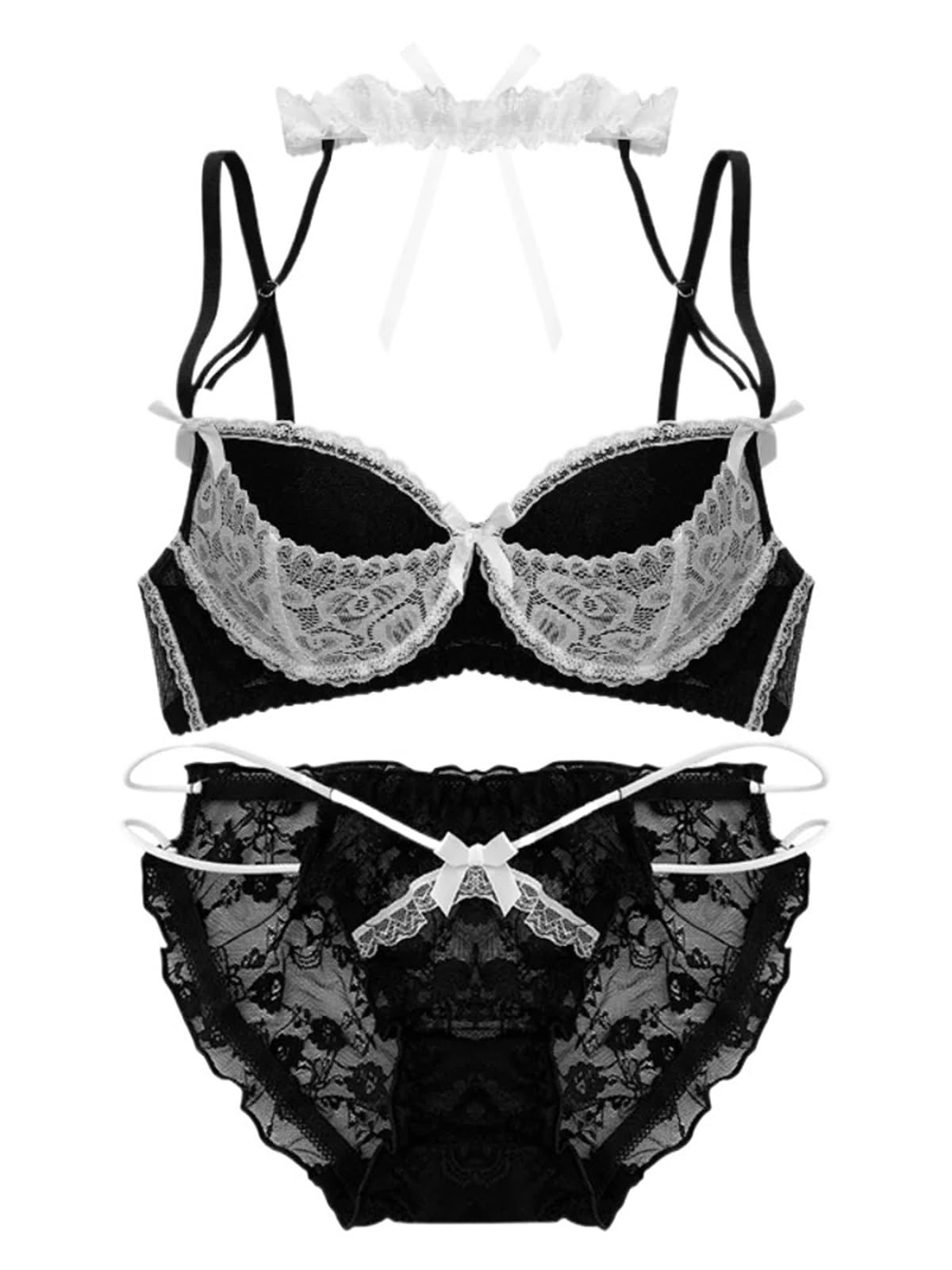 Lace Bra Set S-XL Neck Tie Wireless Push Up for Small Chest, Kawaii Bralette(XL) Black