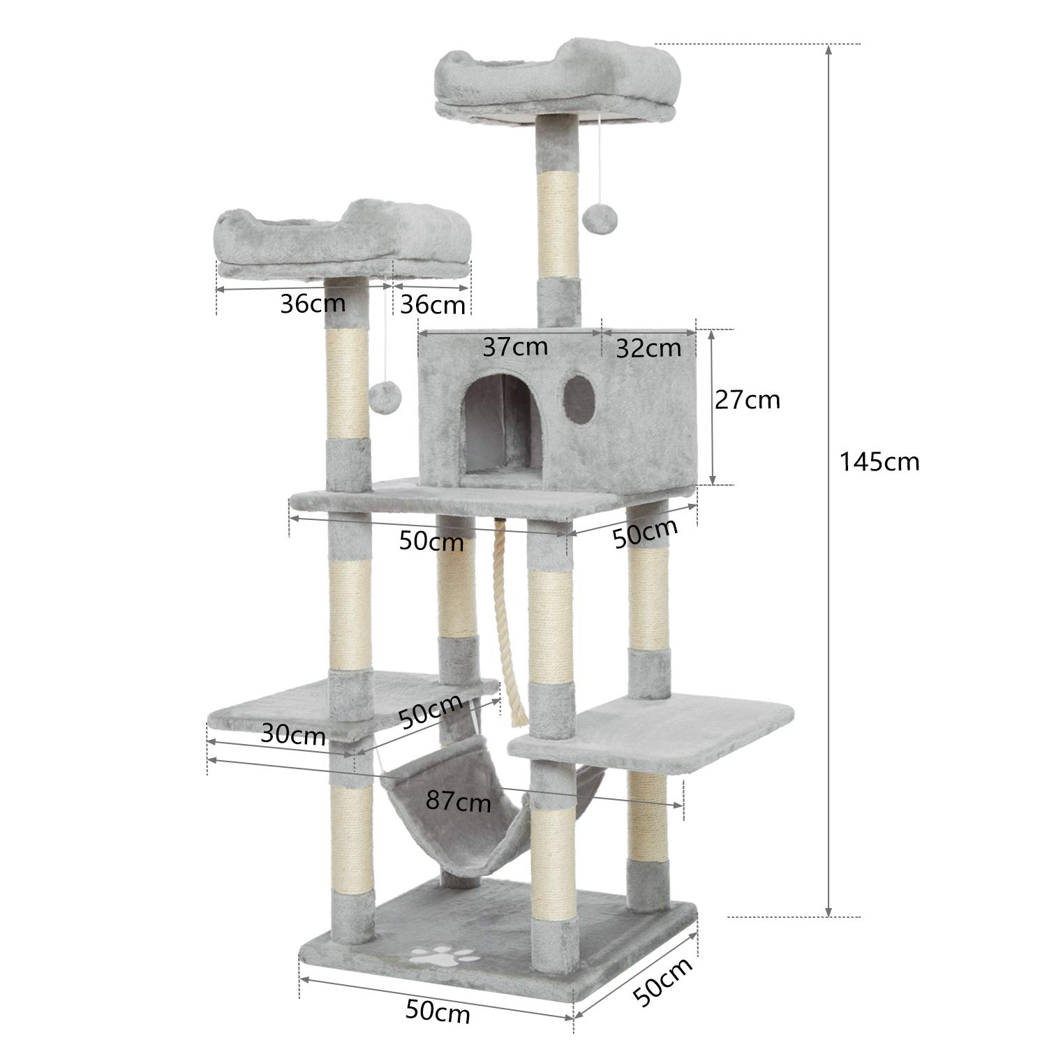 Meerveil Tiragraffi per Gatti con 2 Palle, 145cm Tiragraffi Albero di Gatto con Graffiatoio Gatto Tiragraffi Giocattolo in Sisal Naturale, Grigio Chiaro