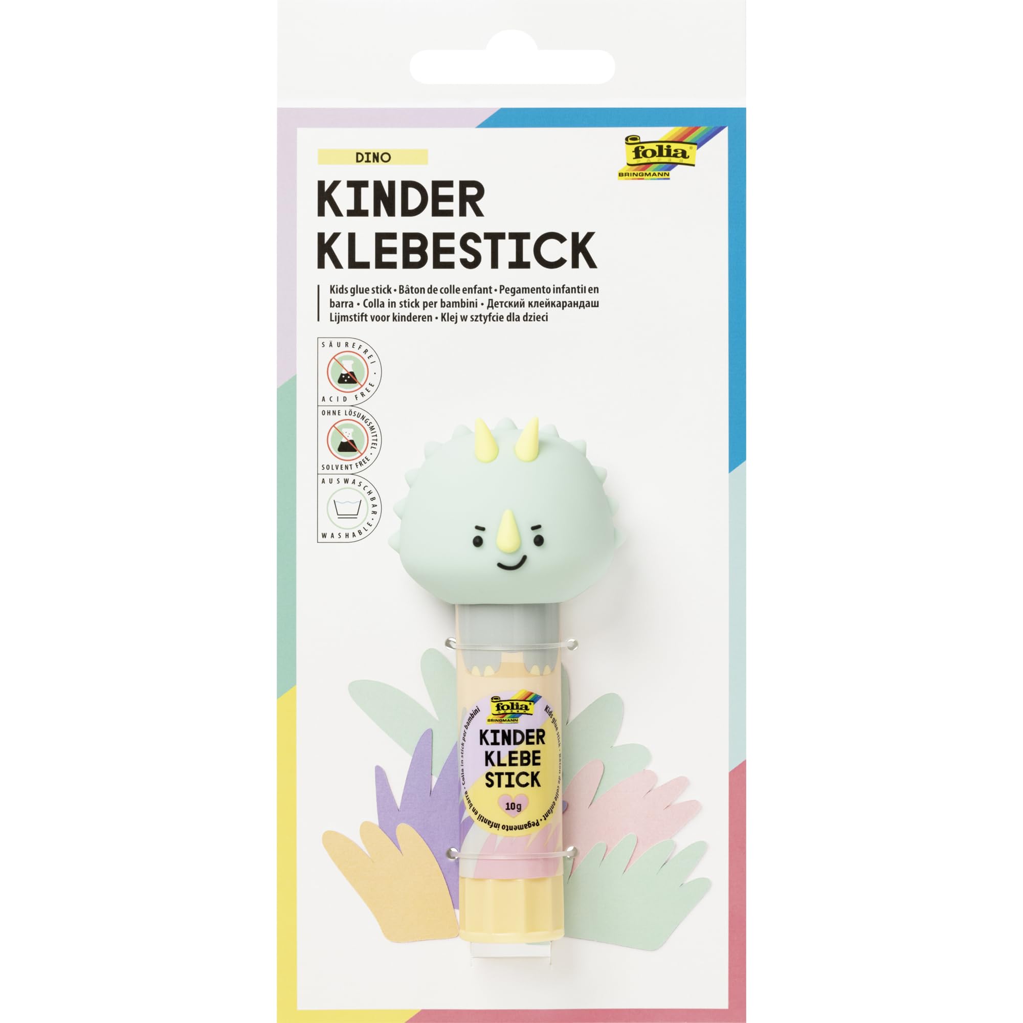 folia 2414 2414 Children's Glue Stick Dino, 10 g, Colourless Glue Stick with Dinosaur Motif and 3D Cap, Acid and Solvent-Free, Child-Friendly Paper and Cardboard, Glue