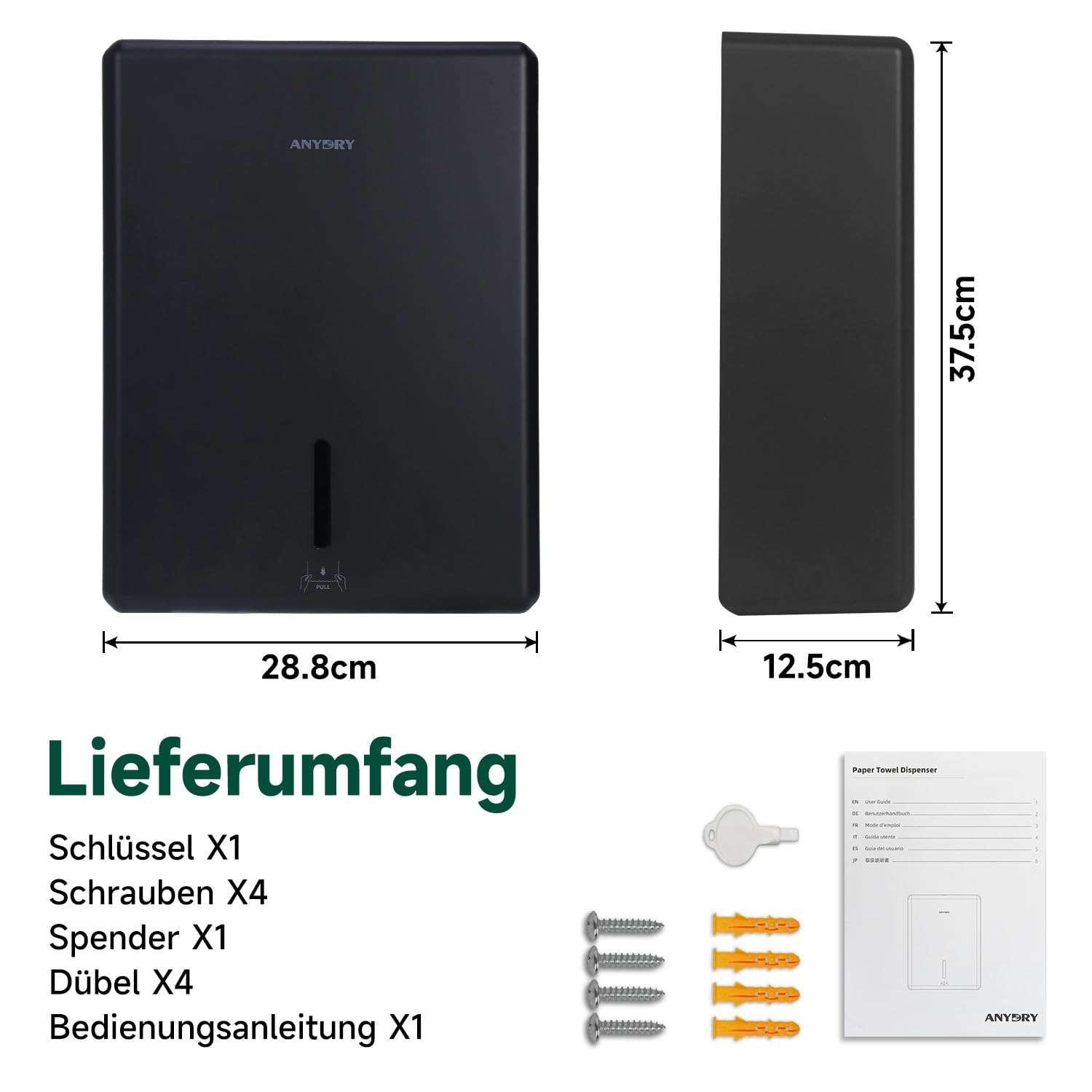 anydry Papierhandtuchspender Wand, H3/V/ZZ Falz, Max 25,2 x 11,5 cm
