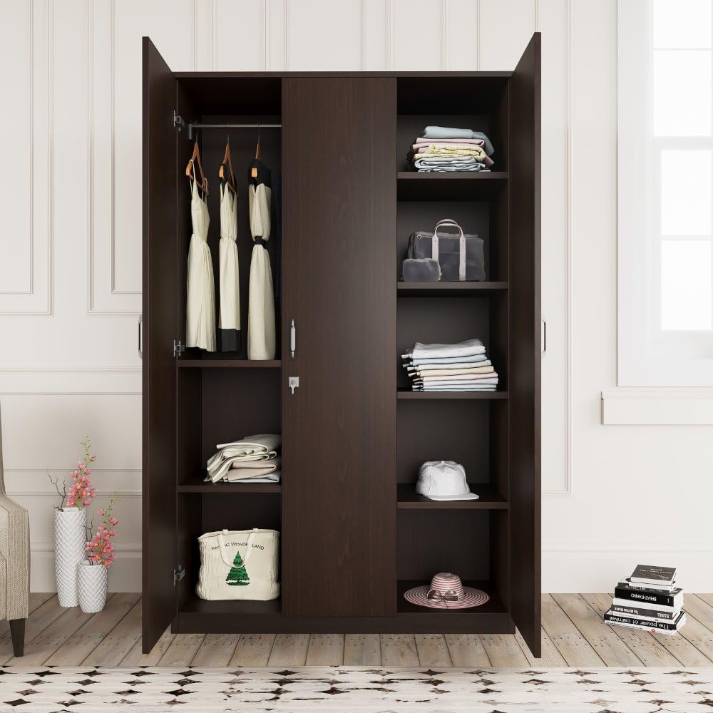 Nilkamal Willy Neo 3 Door Wardrobe Without Mirror | Engineered Wood Almirah |1 Hanging Rod & 8 Storage Shelves in Cabinet | Wenge