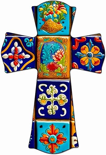 CALUOHO Cruz de pared de madera pintada a mano Talavera de cerámica, cruz de pared estilo español, crucifijo mexicano para el hogar, granja, cocina,