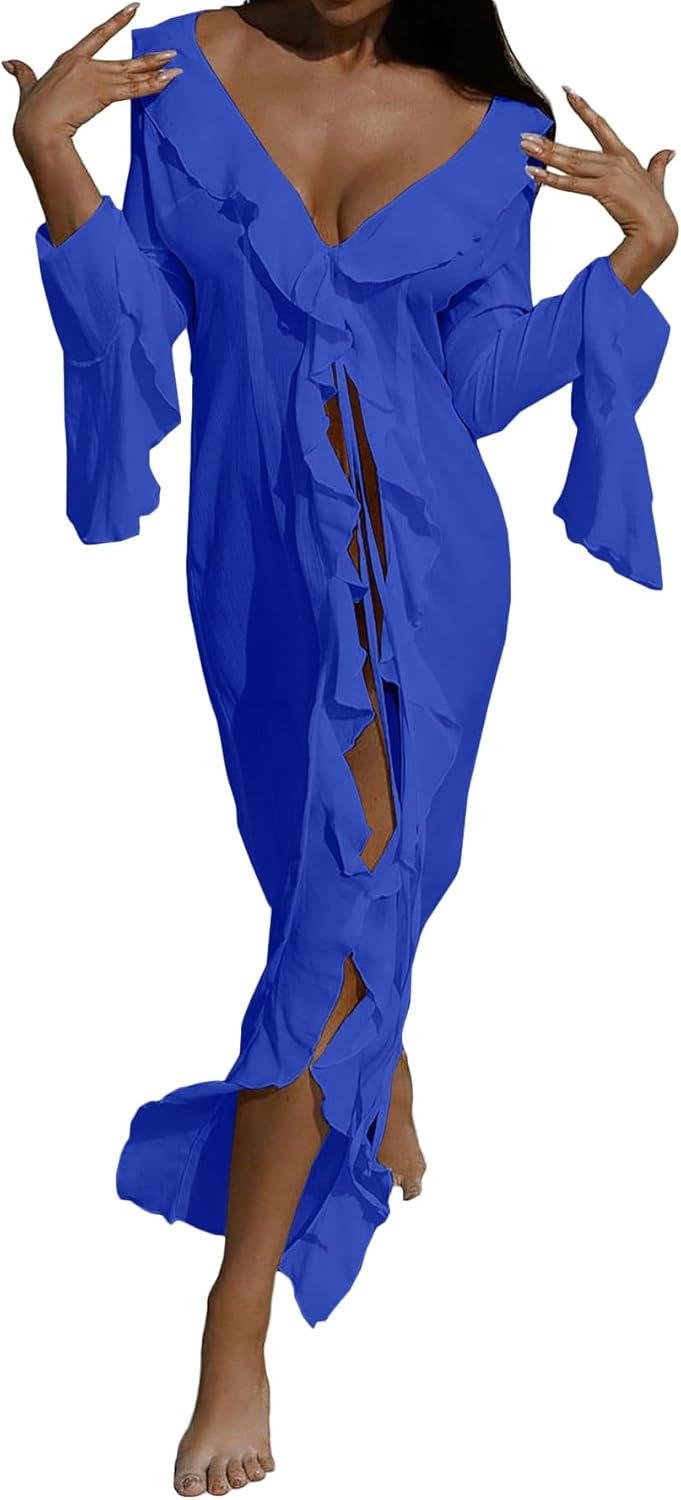 Tcremisa Women Flowy Long Beach Cover Ups Dress Bell Sleeve Sheer Mesh Chiffon Ruffle Duster Robe Kimono Dresses